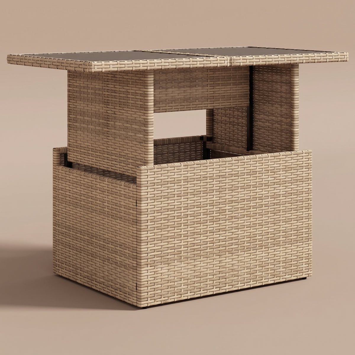 Table de jardin reglable Riviera, plateau verre, resine tressee beige, position haute, vue 3/4 #Matériau_Verre #Couleur_Beige
