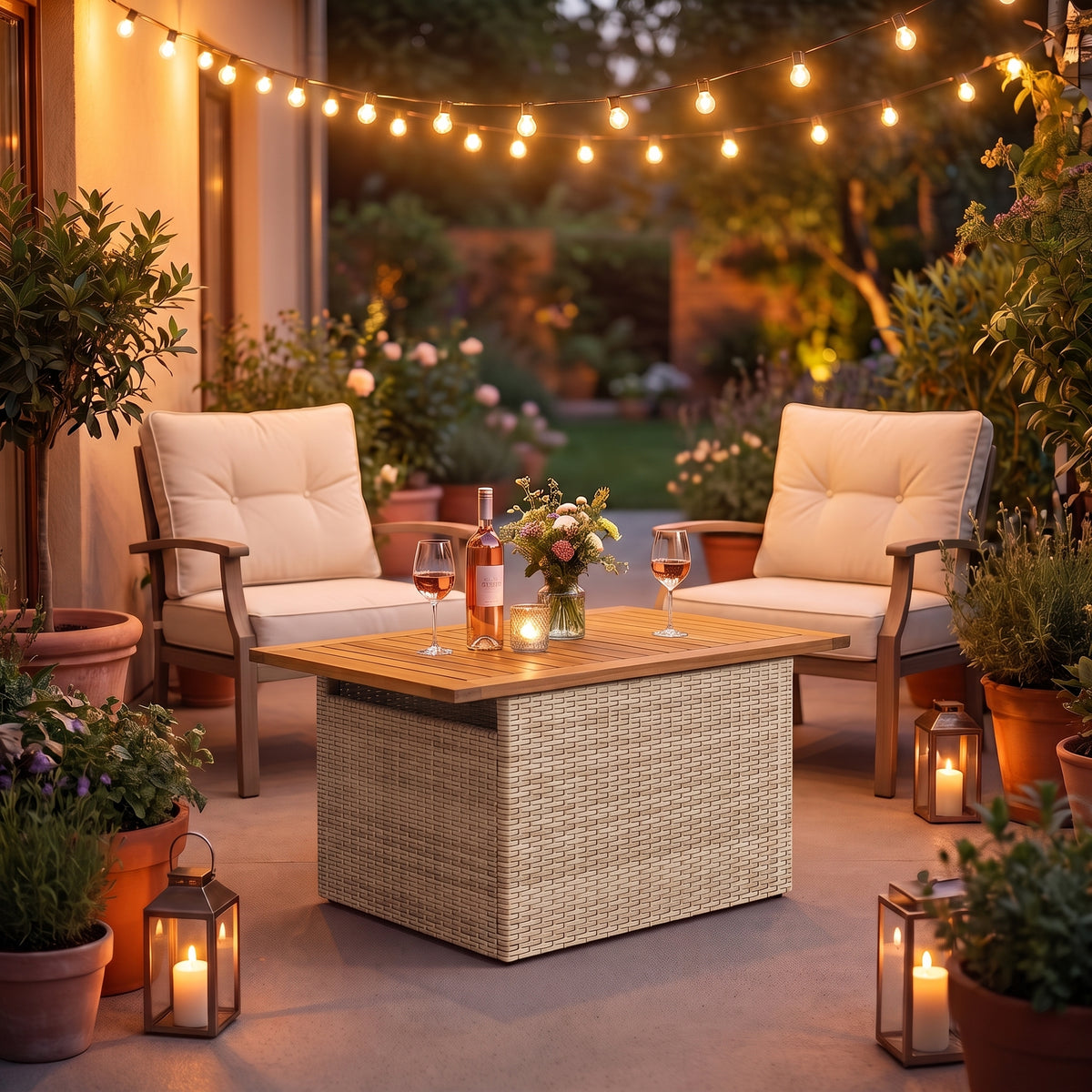 Table de jardin reglable Riviera, plateau bois, resine tressee beige, terrasse le soir #Matériau_Bois #Couleur_Beige