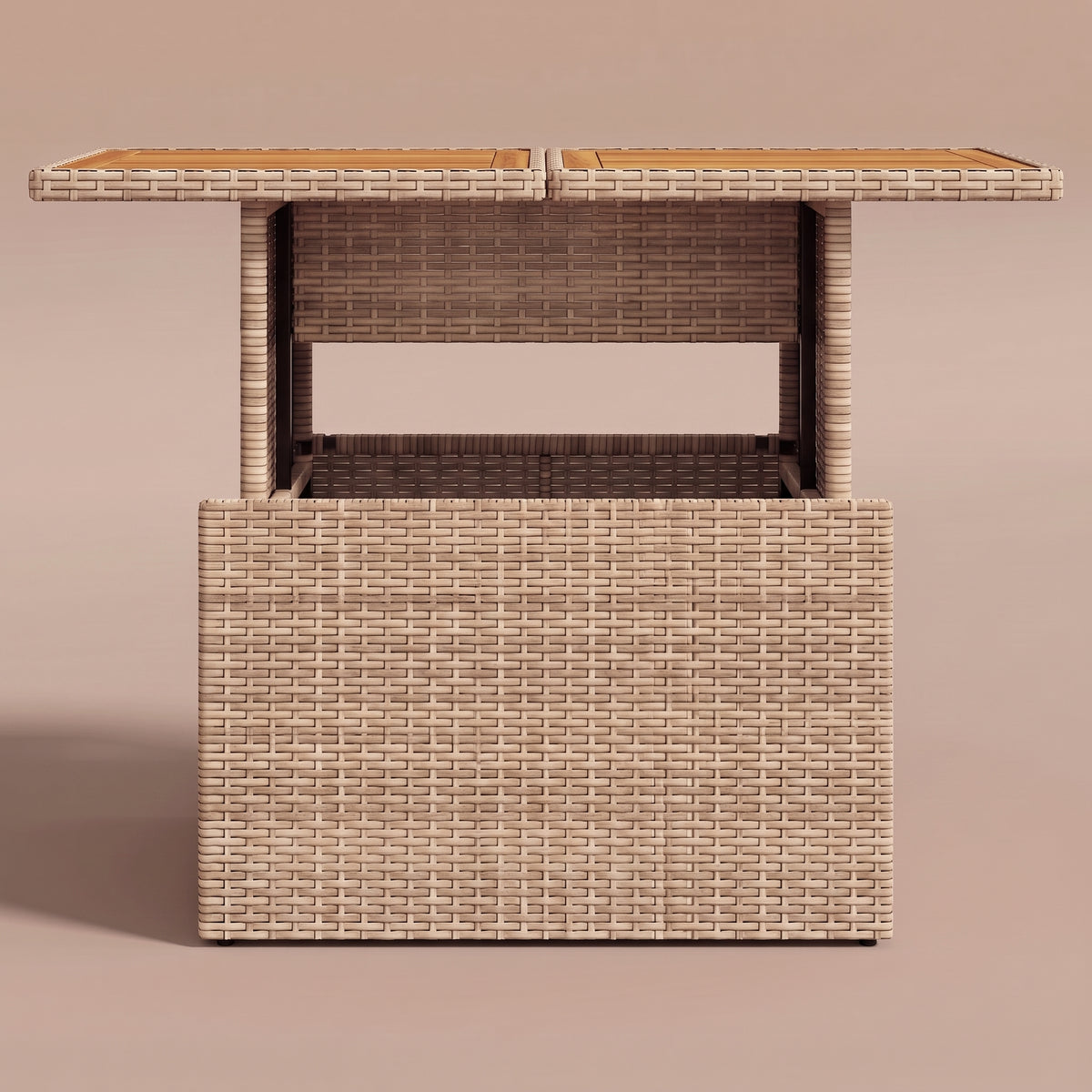 Table de jardin reglable Riviera, plateau bois, resine tressee beige, vue de face, fenetre traversante #Matériau_Bois #Couleur_Beige