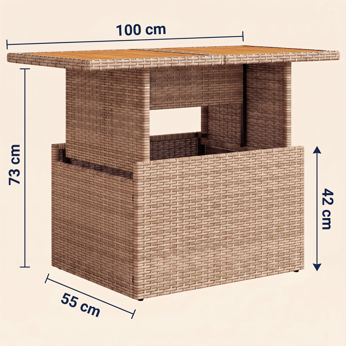 Table de jardin reglable Riviera, plateau bois, resine tressee beige, dimensions 100 x 55 cm, hauteur 44 a 73 cm #Matériau_Bois #Couleur_Beige