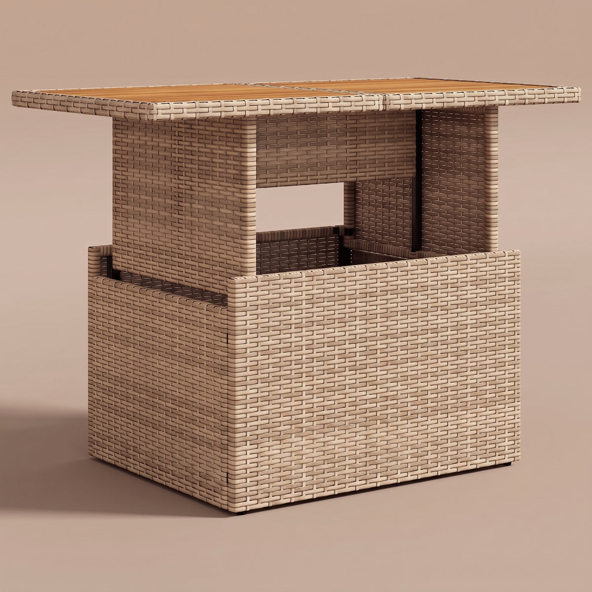 Table de jardin reglable Riviera, plateau bois, resine tressee beige, position haute, vue 3/4 #Matériau_Bois #Couleur_Beige