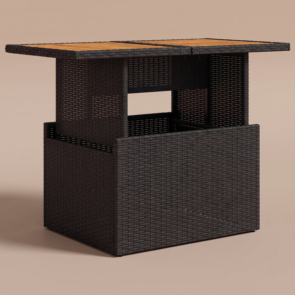 Table de jardin reglable Riviera, plateau bois, resine tressee noir, vue de face, fenetre traversante #Matériau_Bois #Couleur_Noir