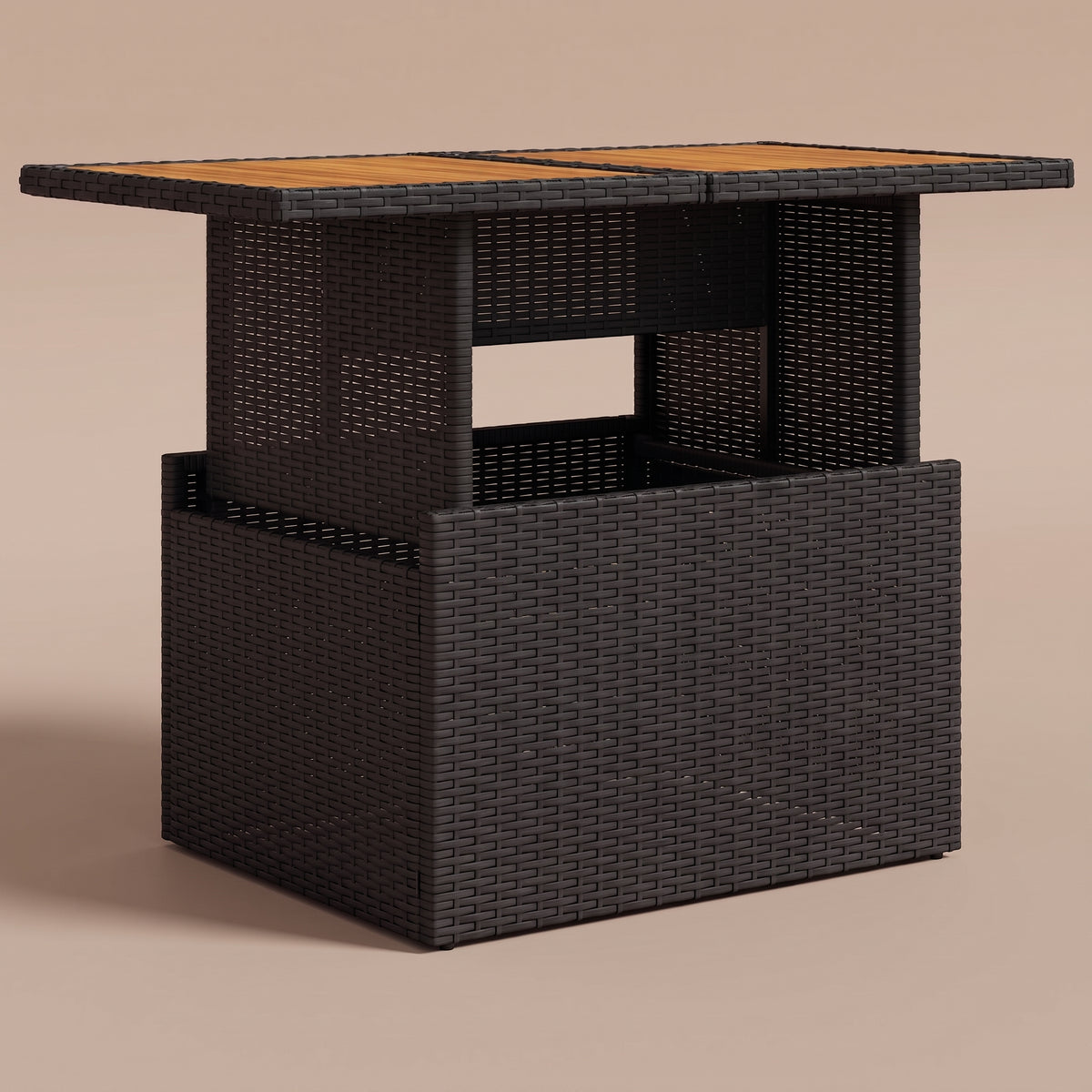 Table de jardin reglable Riviera, plateau bois, resine tressee noir, position haute, vue 3/4 #Matériau_Bois #Couleur_Noir