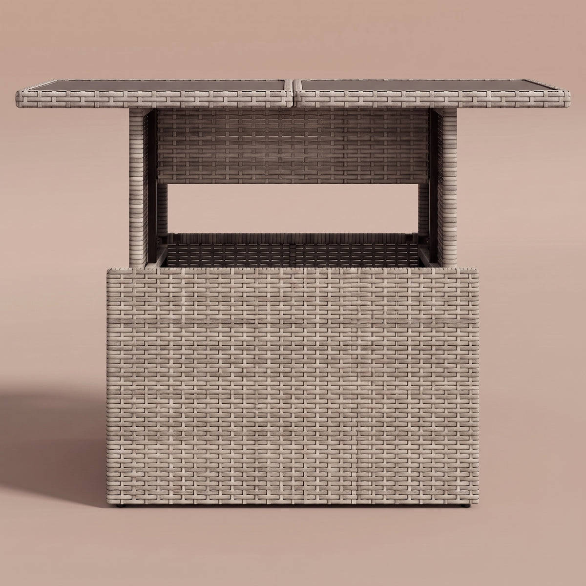 Table de jardin reglable Riviera, plateau verre, resine tressee gris, vue de face, fenetre traversante #Matériau_Verre #Couleur_Gris
