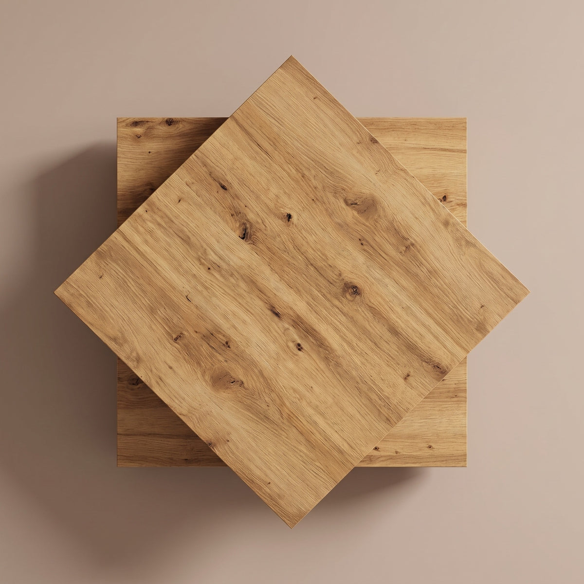 Table basse rotative Rondo, chêne artisanal – plateau pivoté à 45°, vue de dessus #Couleur_Chêne artisanal