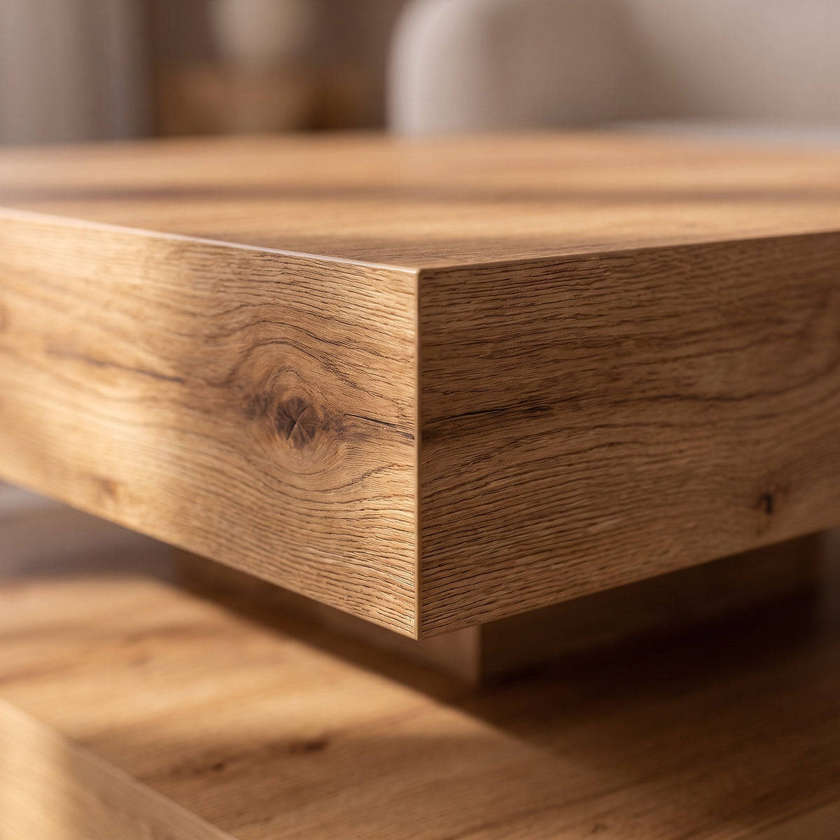 Table basse rotative Rondo, chêne artisanal – détail du chant #Couleur_Chêne artisanal