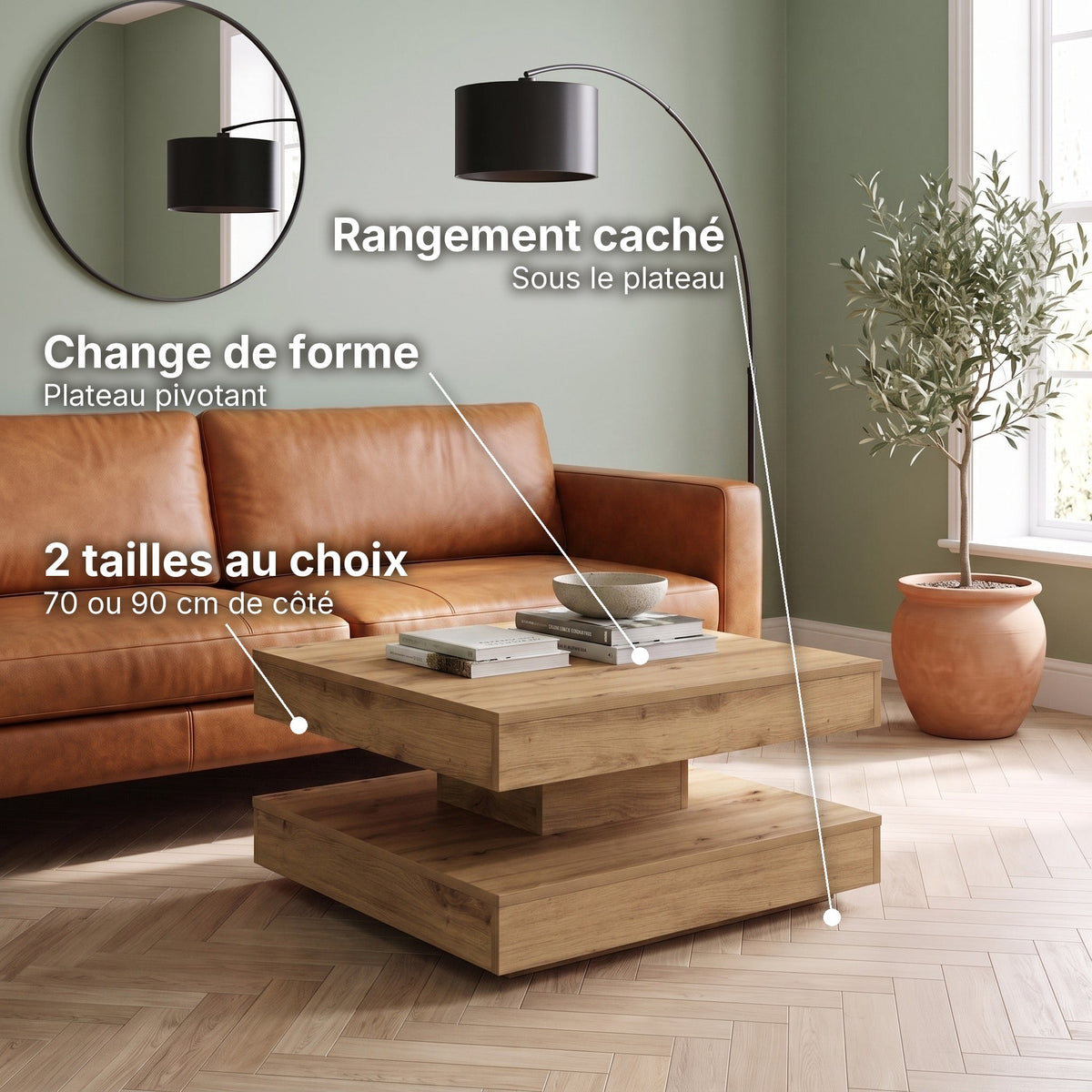 Table basse pivotante décor bois avec rangement Rondo chêne artisanal : change de forme (Plateau pivotant), rangement caché (Sous le plateau), 2 tailles au choix (70 ou 90 cm de côté) #Couleur_Chêne artisanal