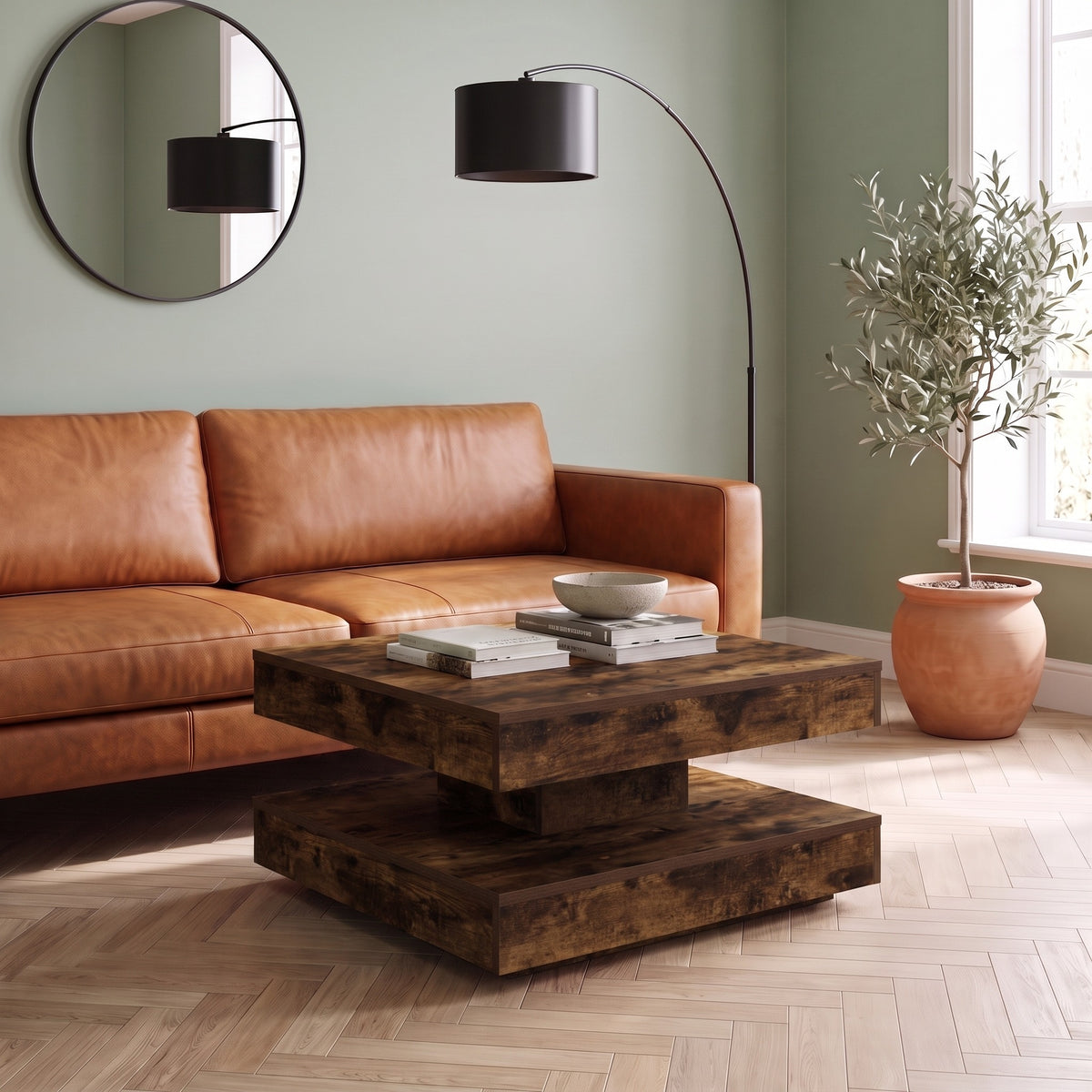 Table basse rotative Rondo, chêne fumé – en situation dans un salon #Couleur_Chêne fumé