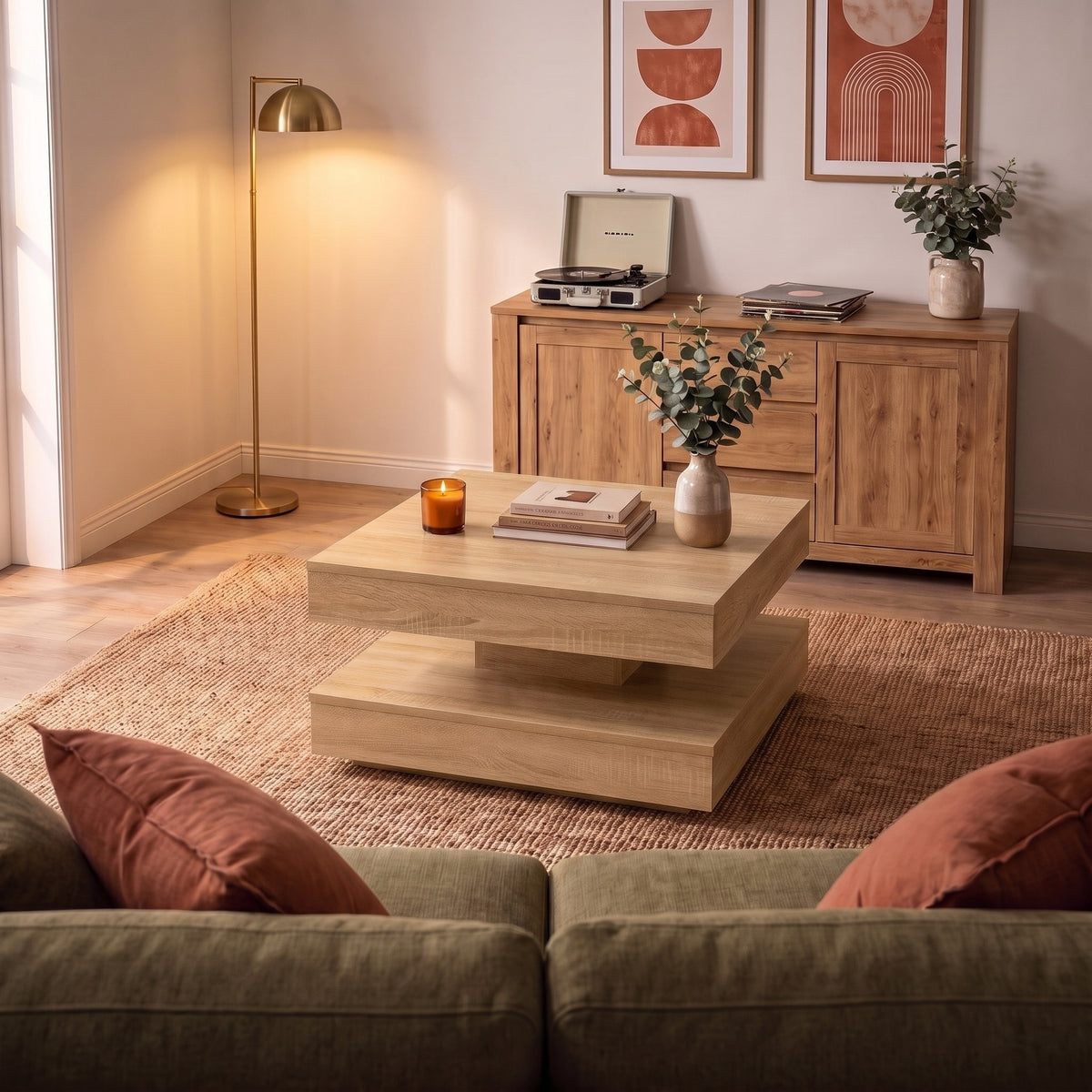 Table basse rotative Rondo, chêne Sonoma – ambiance du soir #Couleur_Chêne Sonoma