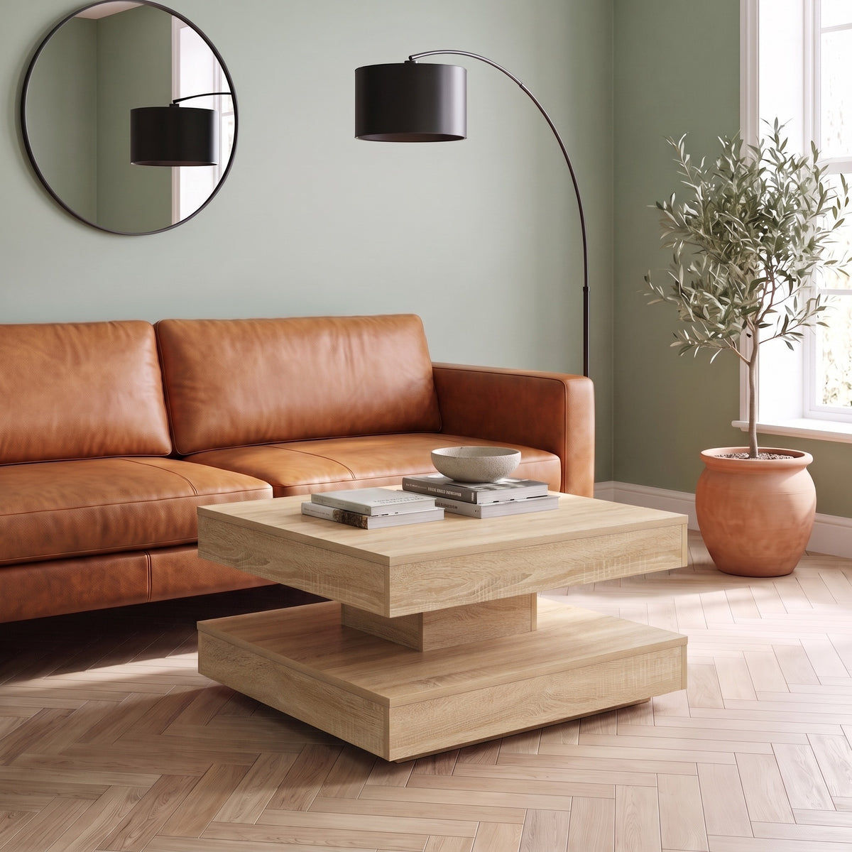 Table basse rotative Rondo, chêne Sonoma – en situation dans un salon #Couleur_Chêne Sonoma