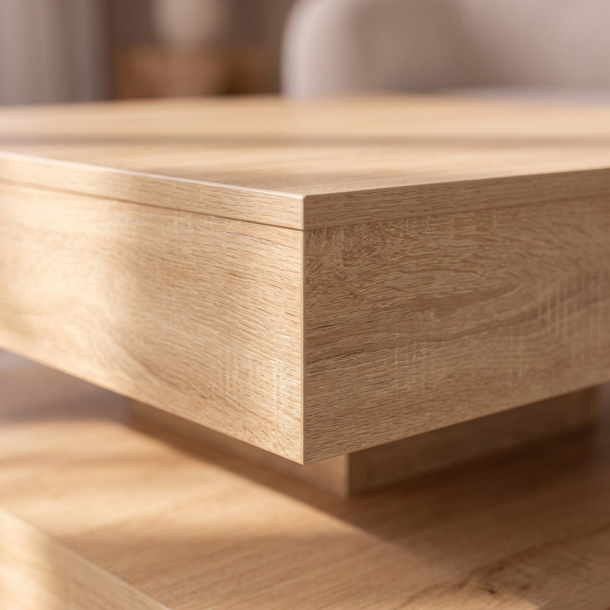 Table basse rotative Rondo, chêne Sonoma – détail du chant #Couleur_Chêne Sonoma
