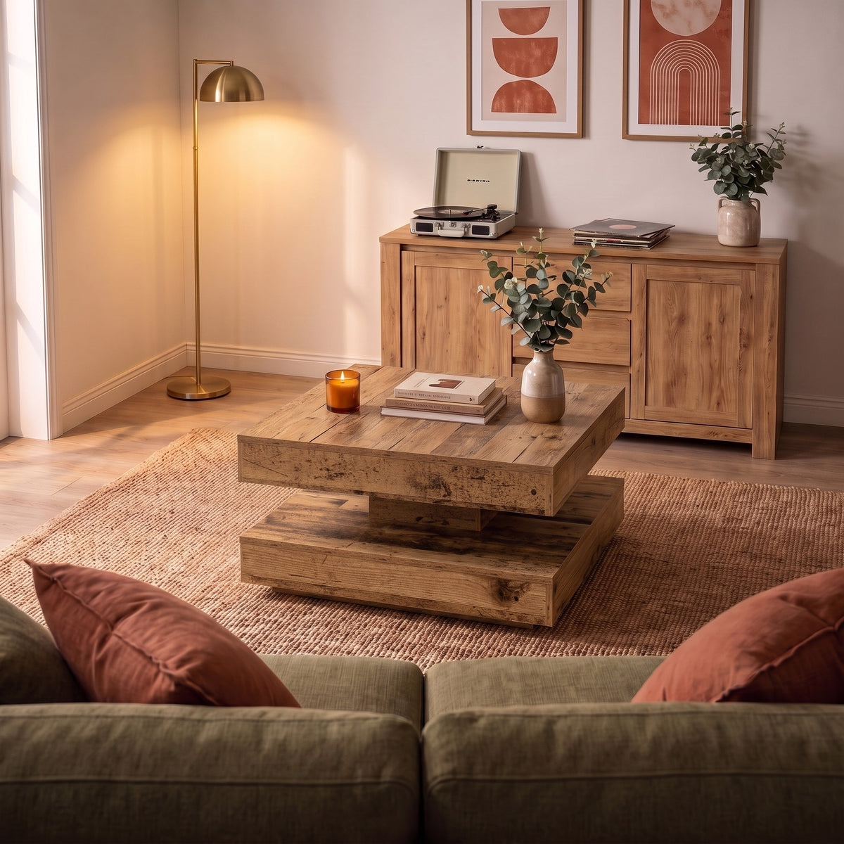 Table basse rotative Rondo, vieux bois – ambiance du soir #Couleur_Vieux bois