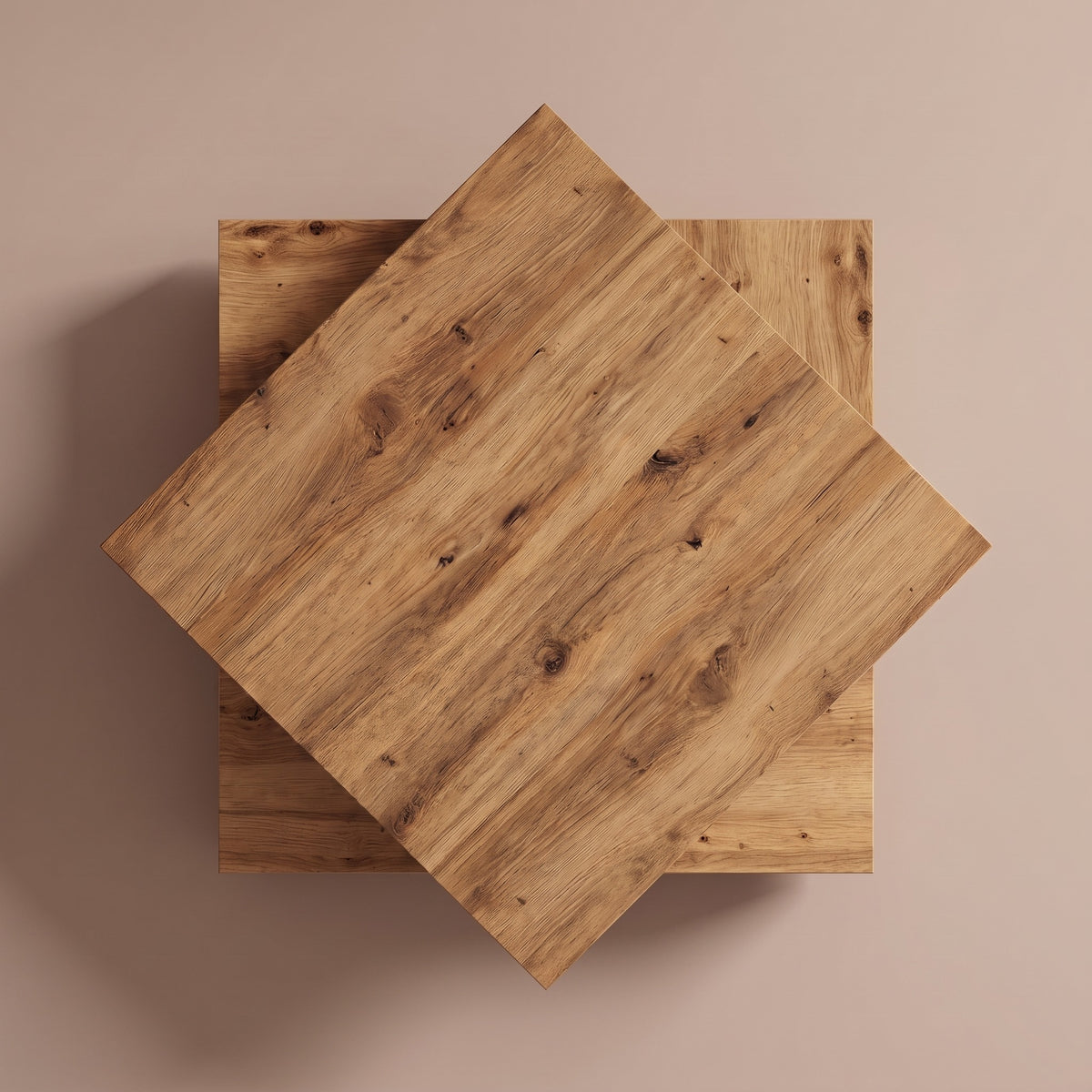 Table basse rotative Rondo, vieux bois – plateau pivoté à 45°, vue de dessus #Couleur_Vieux bois