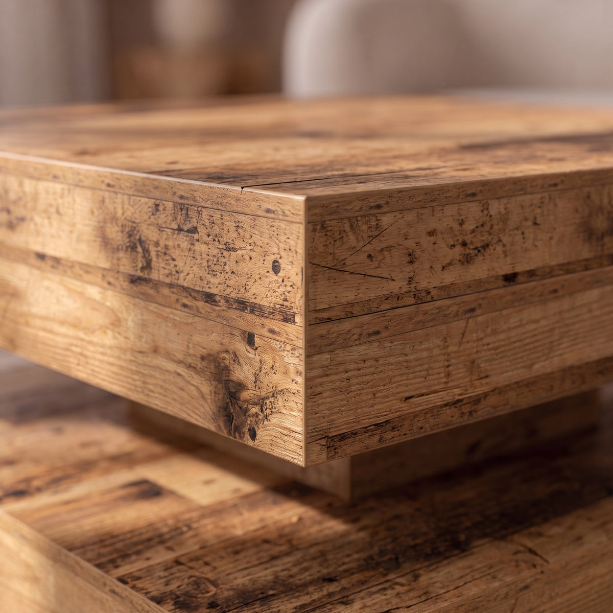 Table basse rotative Rondo, vieux bois – détail du chant #Couleur_Vieux bois