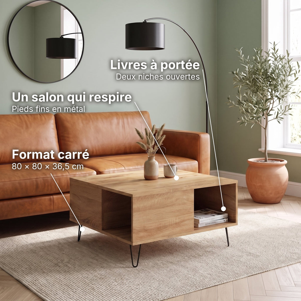 Table basse scandinave carrée avec niche Savia chêne artisanal : un salon qui respire (Pieds fins en métal), livres à portée (Deux niches ouvertes), format carré (80 × 80 × 36,5 cm) #Couleur_Chêne artisanal