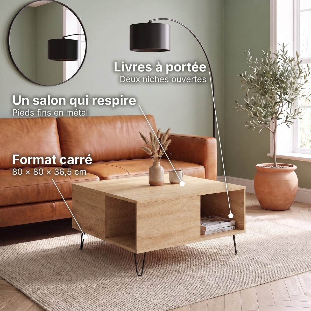 Table basse scandinave carrée avec niche Savia chêne sonoma : un salon qui respire (Pieds fins en métal), livres à portée (Deux niches ouvertes), format carré (80 × 80 × 36,5 cm) #Couleur_Chêne sonoma