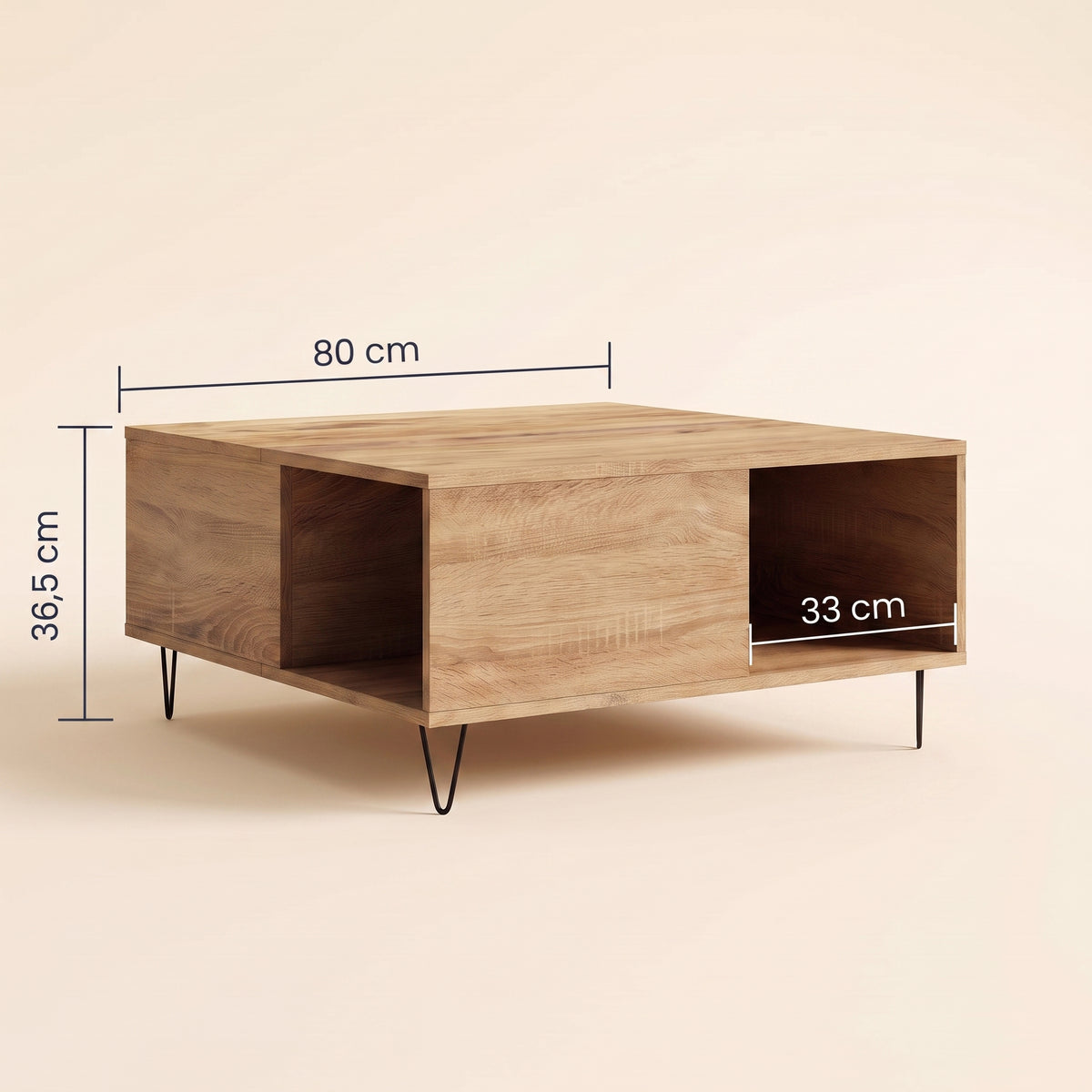 Dimensions de la table Savia : 80 x 80 cm, 36,5 cm de haut, niche 33 cm #Couleur_Chêne artisanal