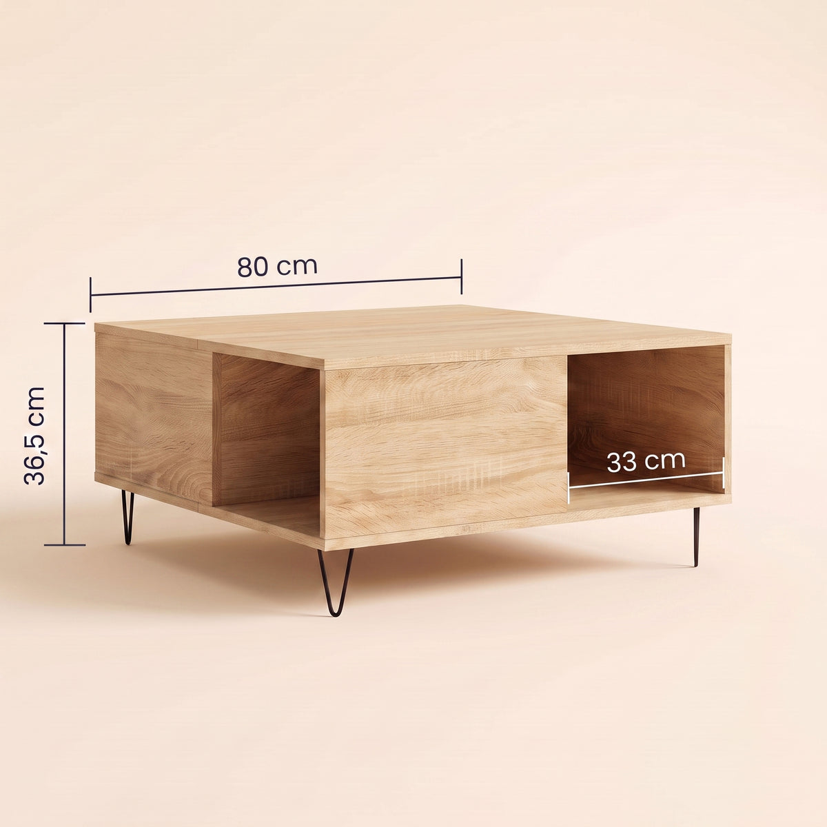 Dimensions de la table Savia : 80 x 80 cm, 36,5 cm de haut, niche 33 cm #Couleur_Chêne sonoma
