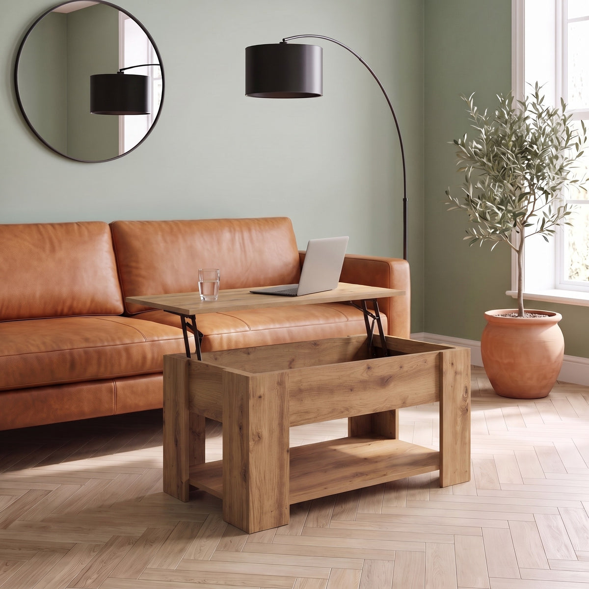 Table Aveline 79 cm chêne artisanal plateau relevé dans un salon #Dimensions_79 × 49 × 41 cm #Couleur_Chêne artisanal