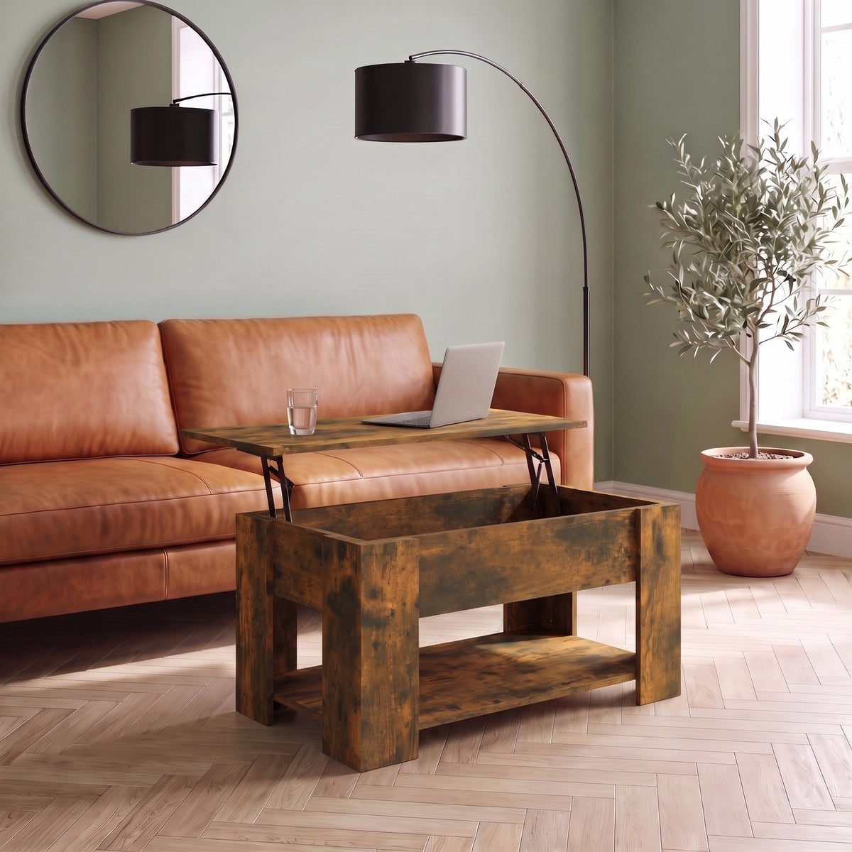 Table Aveline 79 cm chêne fumé plateau relevé dans un salon #Dimensions_79 × 49 × 41 cm #Couleur_Chêne fumé