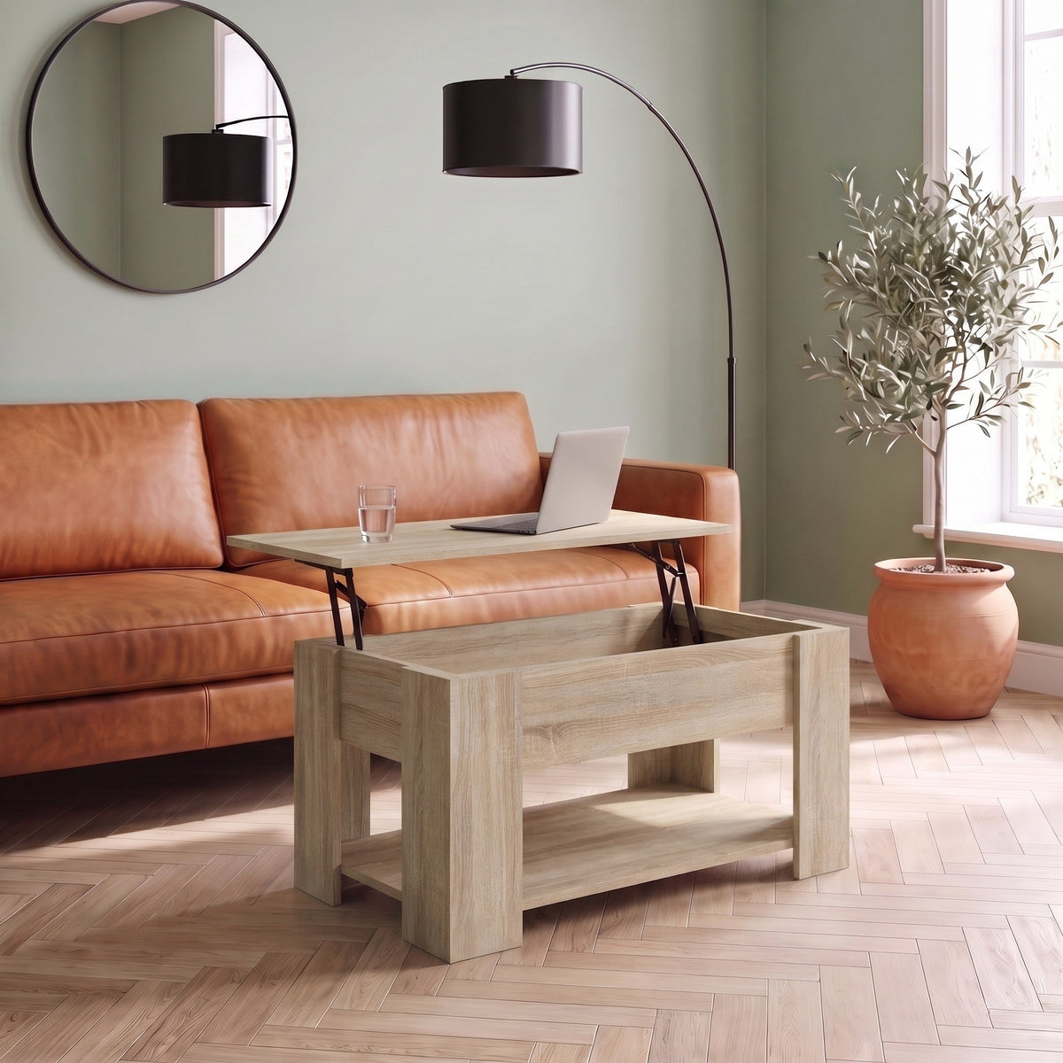 Table Aveline 79 cm chêne Sonoma plateau relevé dans un salon #Dimensions_79 × 49 × 41 cm #Couleur_Chêne Sonoma