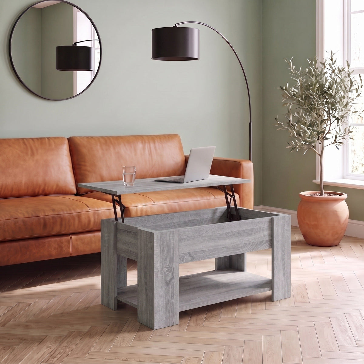 Table Aveline 79 cm Sonoma gris plateau relevé dans un salon #Dimensions_79 × 49 × 41 cm #Couleur_Sonoma gris