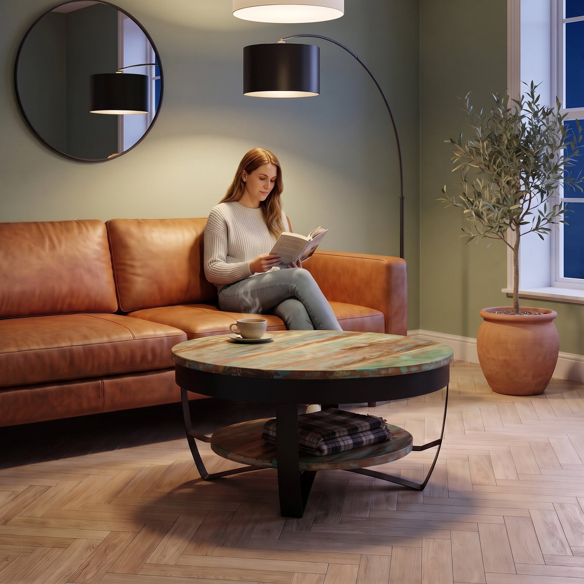Table basse ronde Lunaria bois coloré au quotidien : lecture du soir, tasse de thé posée sur le plateau #Couleur_Bois coloré