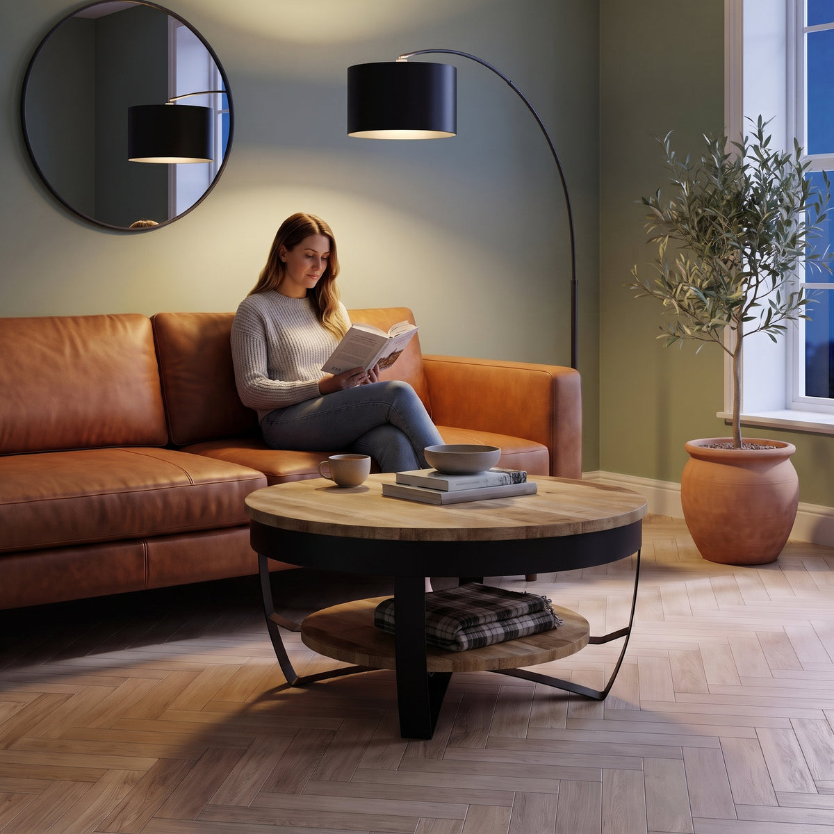 Table basse ronde Lunaria bois naturel au quotidien : lecture du soir, tasse de thé posée sur le plateau #Couleur_Bois naturel