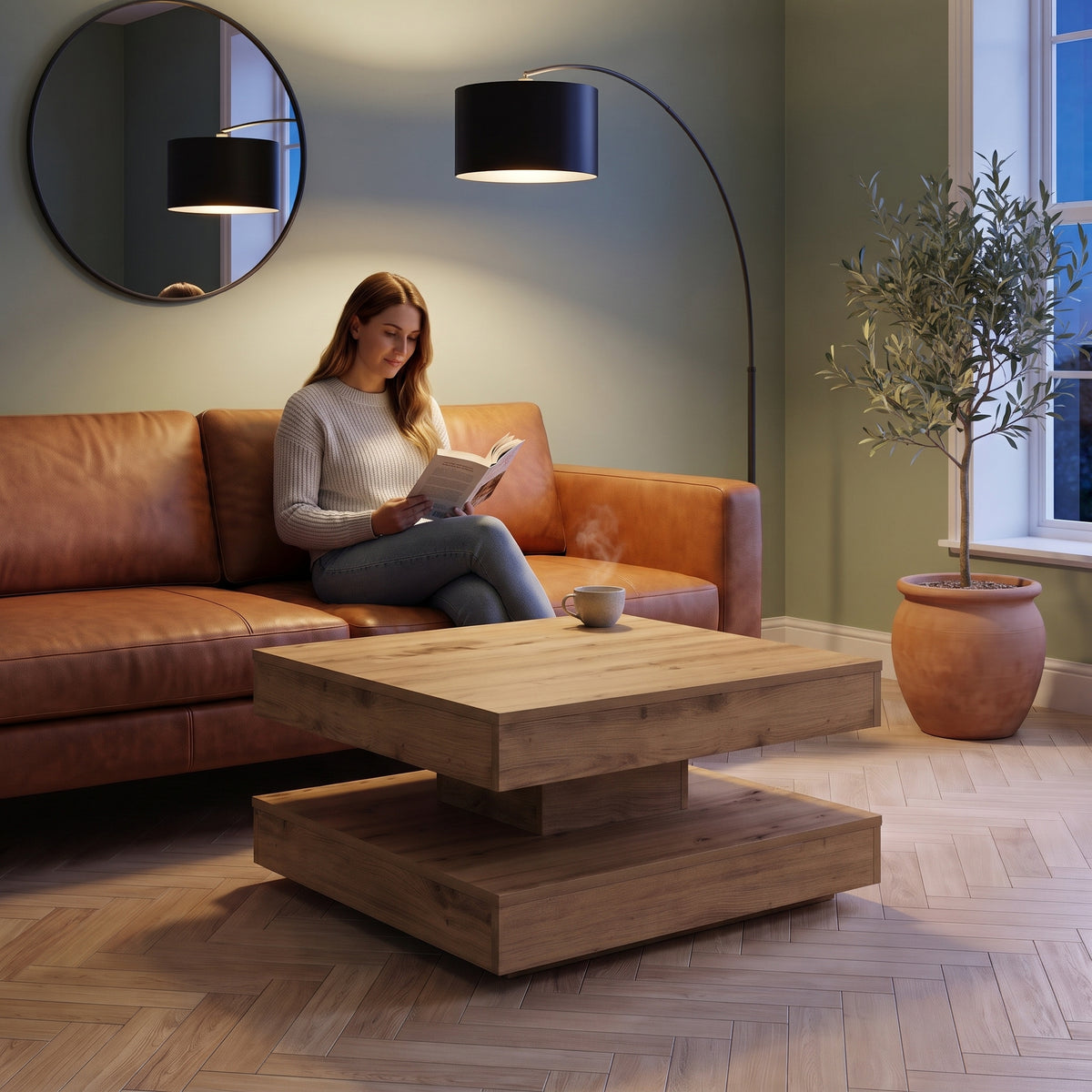 Table basse pivotante décor bois avec rangement Rondo chêne artisanal au quotidien : lecture du soir, tasse de thé posée sur le plateau #Couleur_Chêne artisanal