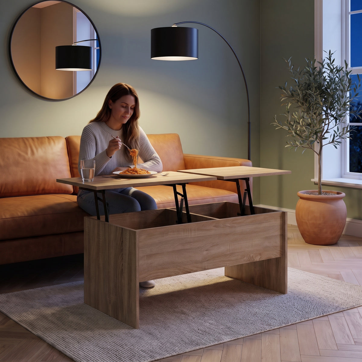 Table basse relevable décor chêne avec coffre Maela chêne sonoma , 102 × 50,5 × 46,5 cm au quotidien : dîner devant un film sur le plateau relevé #Couleur_Chêne Sonoma #Dimensions_102 × 50,5 × 46,5 cm