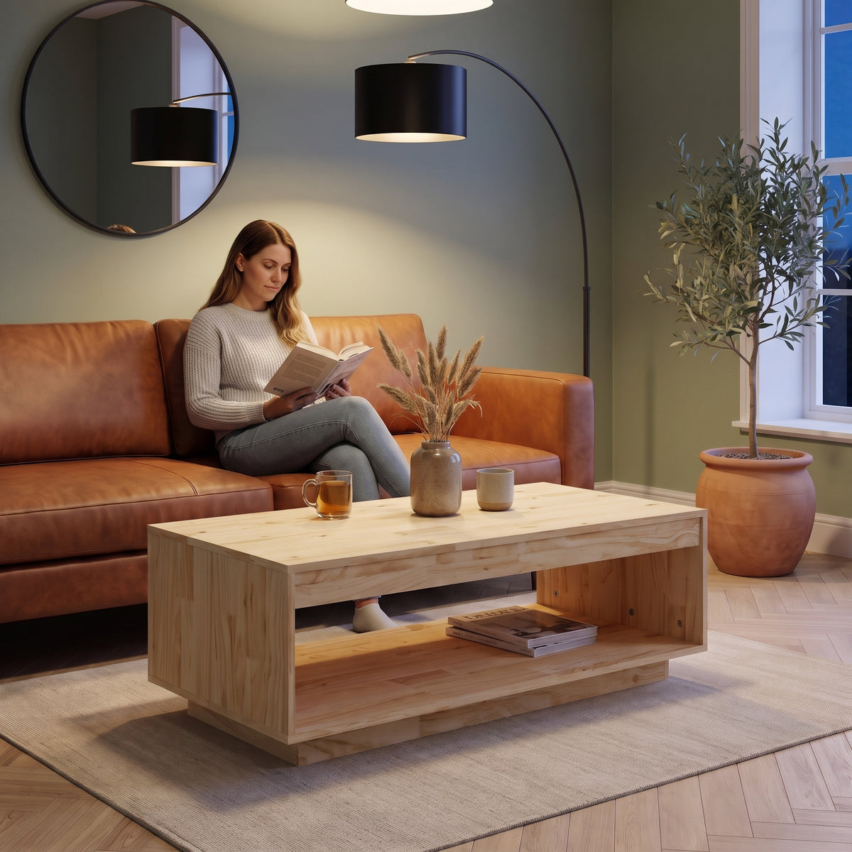 Table basse en pin massif brut 110 cm Pinéa au quotidien : lecture du soir, tasse de thé posée sur le plateau 