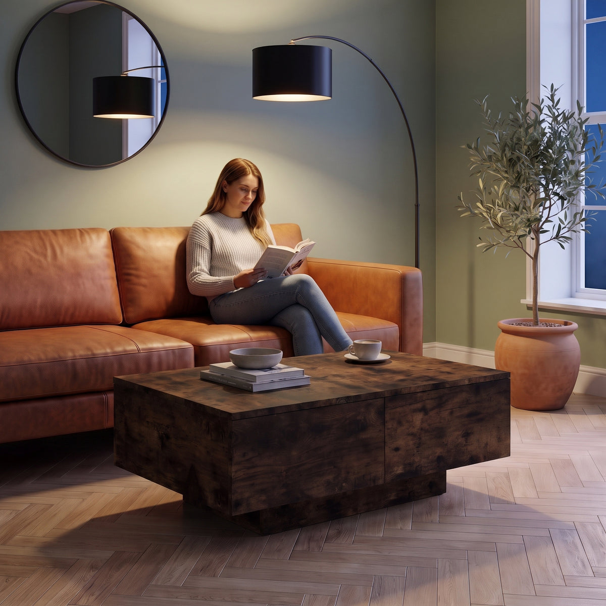 Table basse décor bois avec tiroirs Alcova chêne fumé au quotidien : lecture du soir, tasse de thé posée sur le plateau #Couleur_Chêne fumé