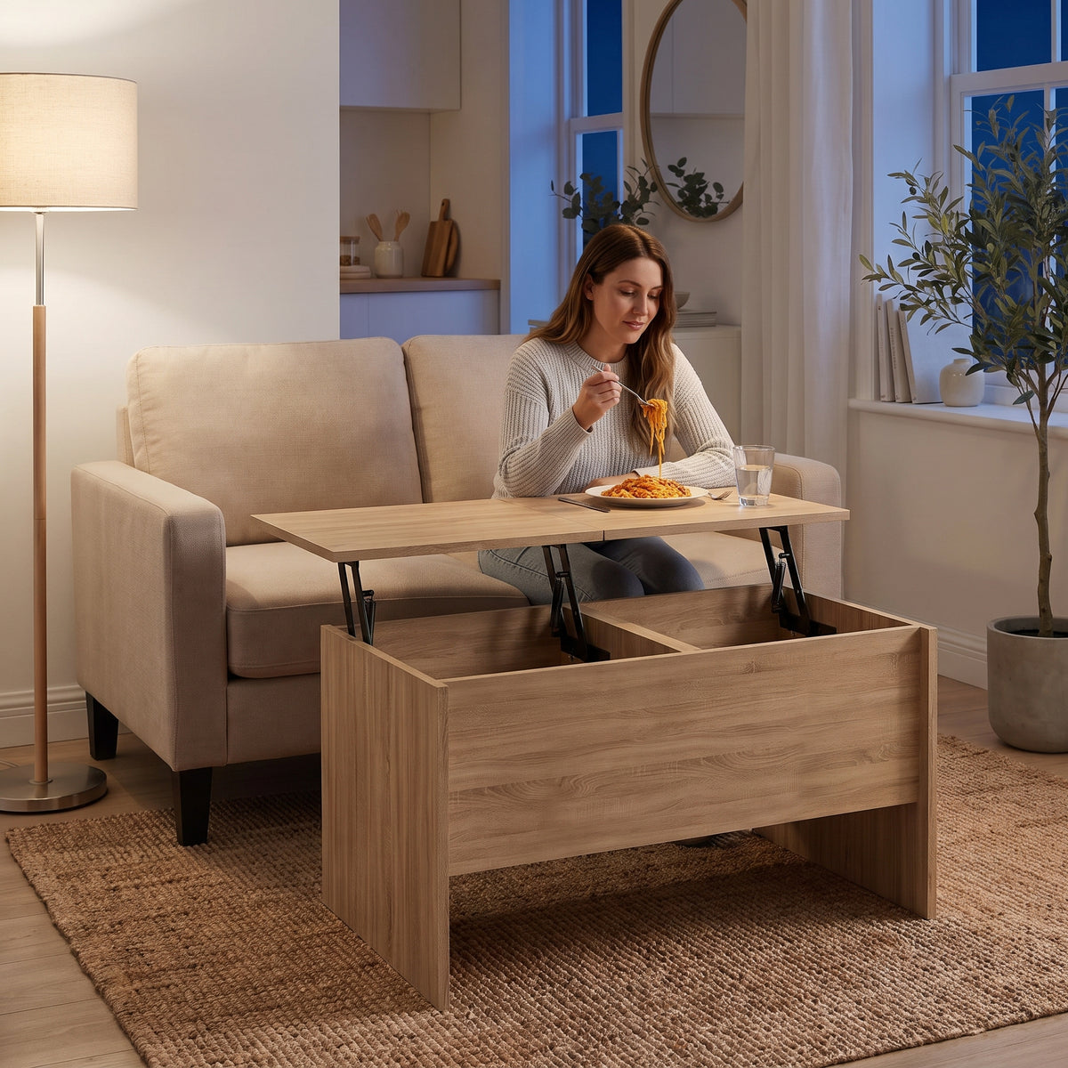 Table basse relevable décor chêne avec coffre Maela chêne sonoma , 80 × 50,5 × 41,5 cm au quotidien : dîner devant un film sur le plateau relevé #Couleur_Chêne Sonoma #Dimensions_80 × 50,5 × 41,5 cm