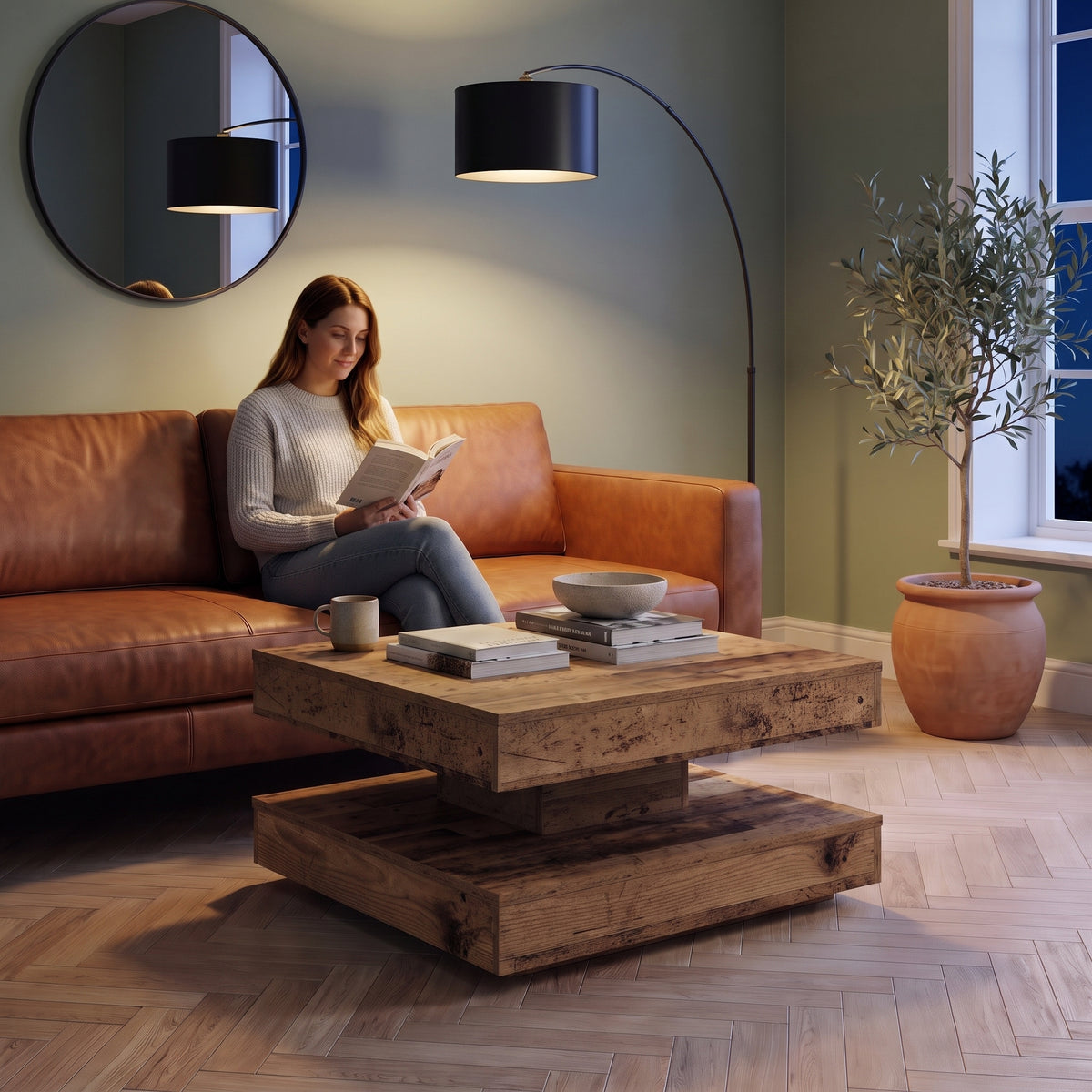 Table basse pivotante décor bois avec rangement Rondo vieux bois au quotidien : lecture du soir, tasse de thé posée sur le plateau #Couleur_Vieux bois