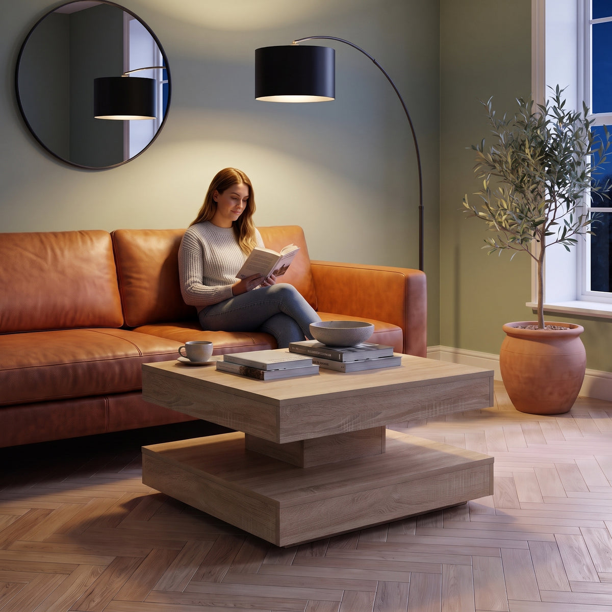 Table basse pivotante décor bois avec rangement Rondo chêne sonoma au quotidien : lecture du soir, tasse de thé posée sur le plateau #Couleur_Chêne Sonoma