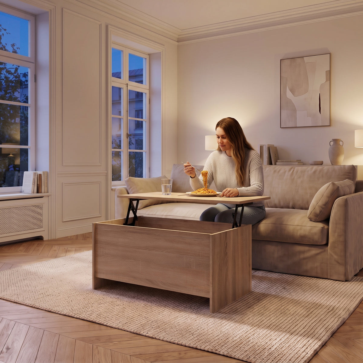 Table basse avec plateau relevable et coffre Velia 102 × 55,5 × 52,5 cm , chêne sonoma au quotidien : dîner devant un film sur le plateau relevé #Dimensions_102 × 55,5 × 52,5 cm #Couleur_Chêne sonoma