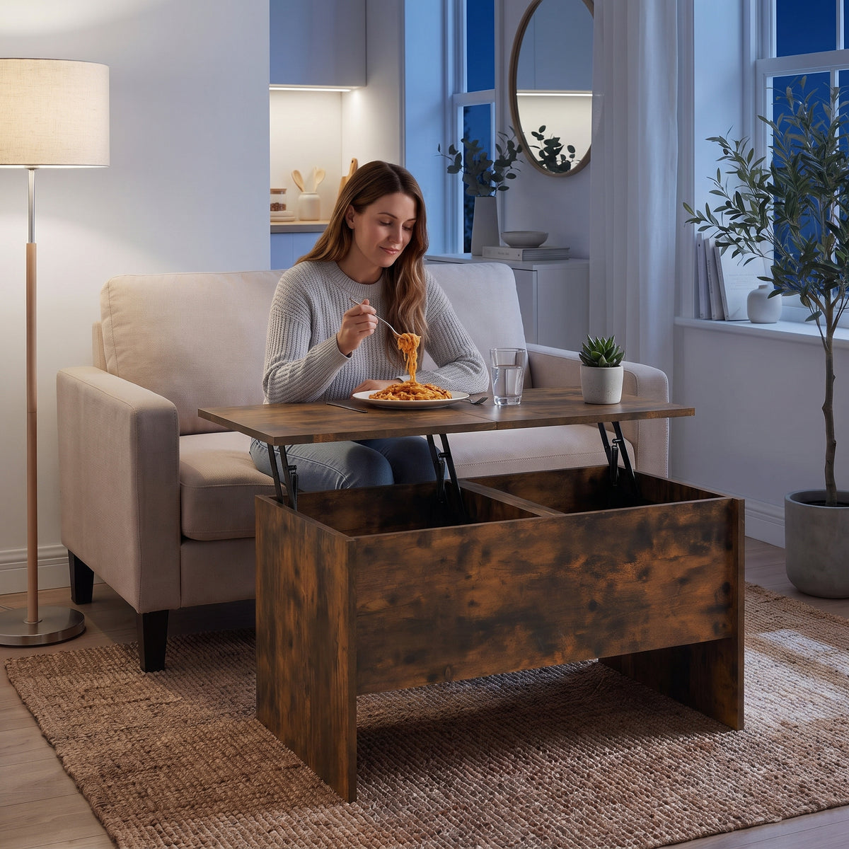 Table basse relevable décor chêne avec coffre Maela chêne fumé , 80 × 50,5 × 41,5 cm au quotidien : dîner devant un film sur le plateau relevé #Couleur_Chêne fumé #Dimensions_80 × 50,5 × 41,5 cm