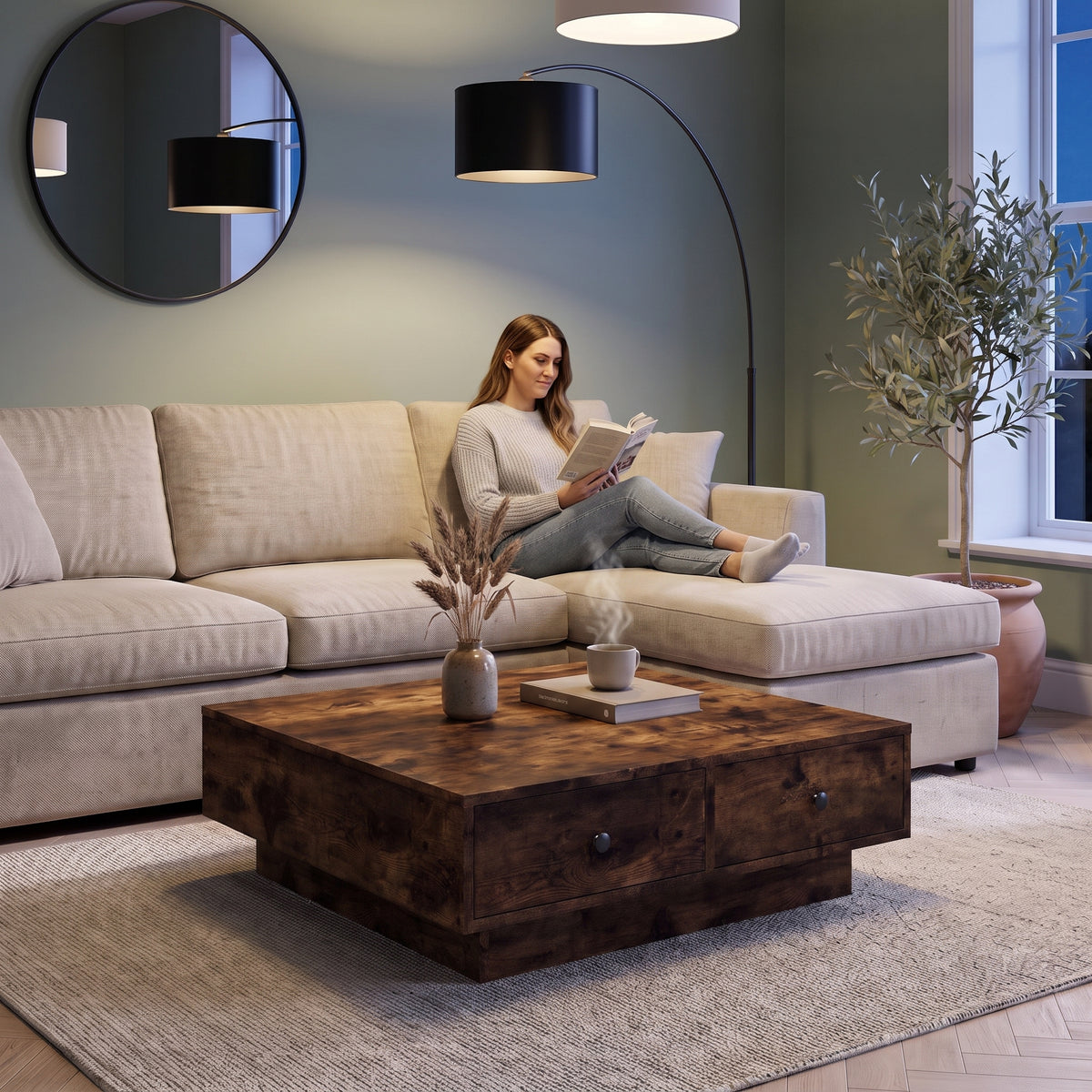 Grande table basse carrée 90x90 avec tiroirs Vasta chêne fumé au quotidien : lecture du soir, tasse de thé posée sur le plateau #Couleur_Chêne fumé