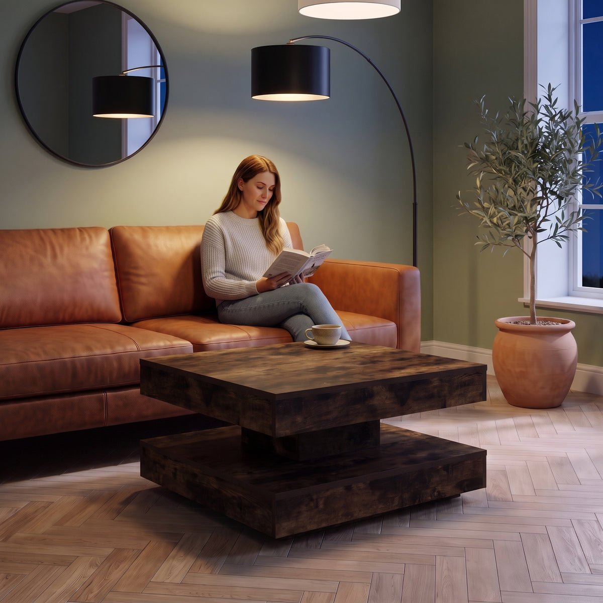 Table basse pivotante décor bois avec rangement Rondo chêne fumé au quotidien : lecture du soir, tasse de thé posée sur le plateau #Couleur_Chêne fumé