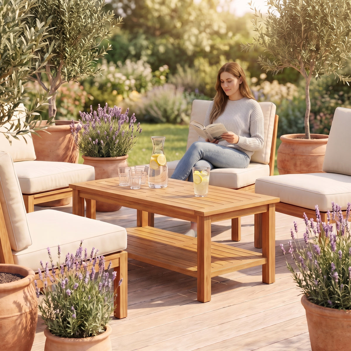 Table basse de jardin en teck massif Timba 70 × 40 × 45 cm au quotidien : lecture au coucher du soleil, citronnade sur le plateau #Dimensions_70 × 40 × 45 cm