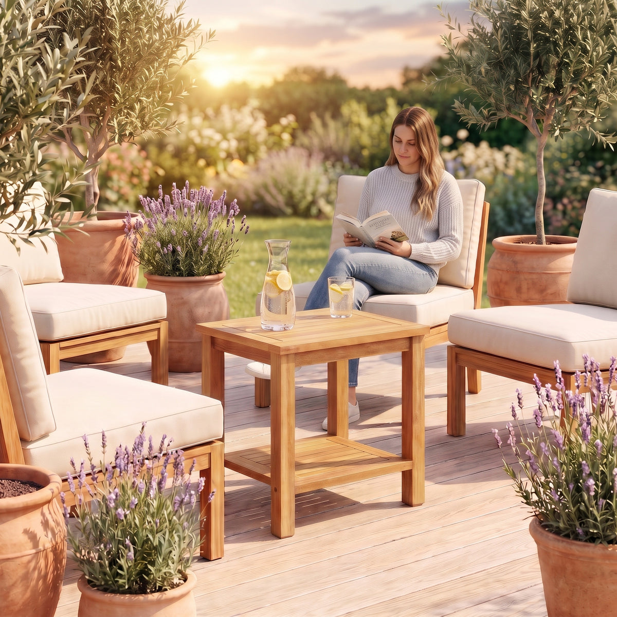 Table basse de jardin en teck massif Timba 45 × 45 × 45 cm au quotidien : lecture au coucher du soleil, citronnade sur le plateau #Dimensions_45 × 45 × 45 cm