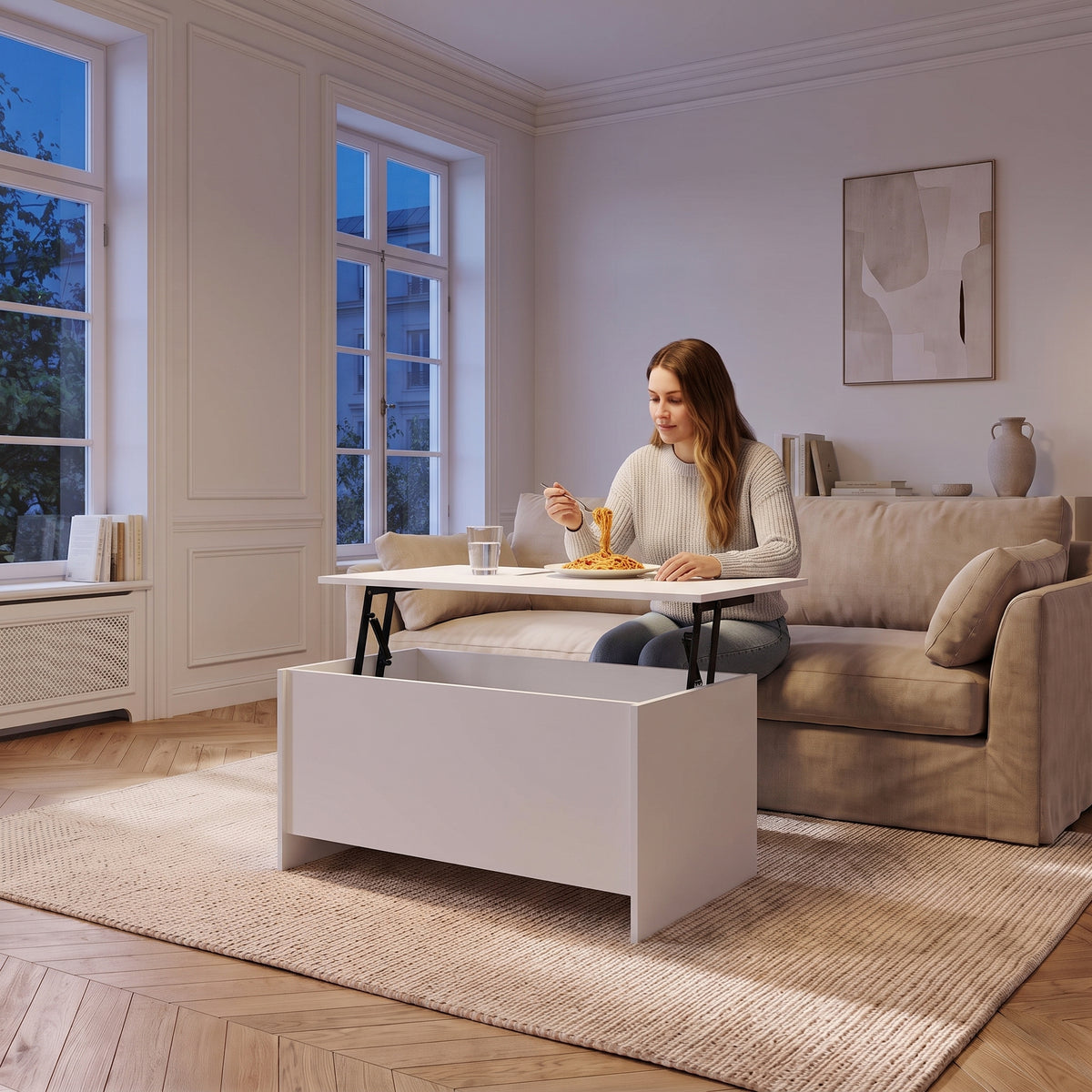 Table basse avec plateau relevable et coffre Velia 80 × 55,5 × 41,5 cm , blanc au quotidien : dîner devant un film sur le plateau relevé #Dimensions_80 × 55,5 × 41,5 cm #Couleur_Blanc