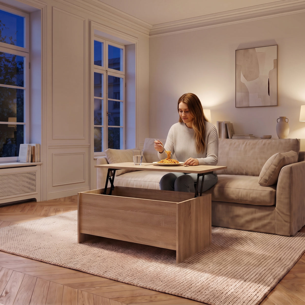 Table basse avec plateau relevable et coffre Velia 80 × 55,5 × 41,5 cm , chêne sonoma au quotidien : dîner devant un film sur le plateau relevé #Dimensions_80 × 55,5 × 41,5 cm #Couleur_Chêne sonoma