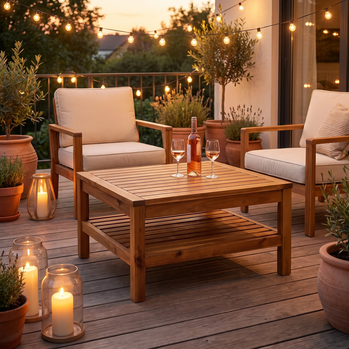 Table Soléa sur une terrasse le soir, ambiance guirlandes et lanternes