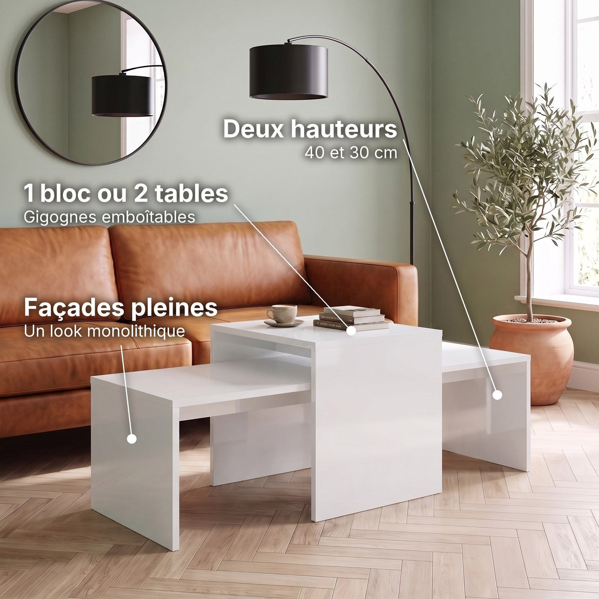 Tables gigognes rectangulaires Solna blanc brillant : 1 bloc ou 2 tables (Gigognes emboîtables), deux hauteurs (40 et 30 cm), façades pleines (Un look monolithique) #Couleur_Blanc brillant