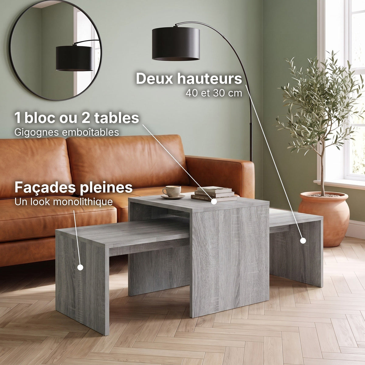 Tables gigognes rectangulaires Solna sonoma gris : 1 bloc ou 2 tables (Gigognes emboîtables), deux hauteurs (40 et 30 cm), façades pleines (Un look monolithique) #Couleur_Sonoma gris