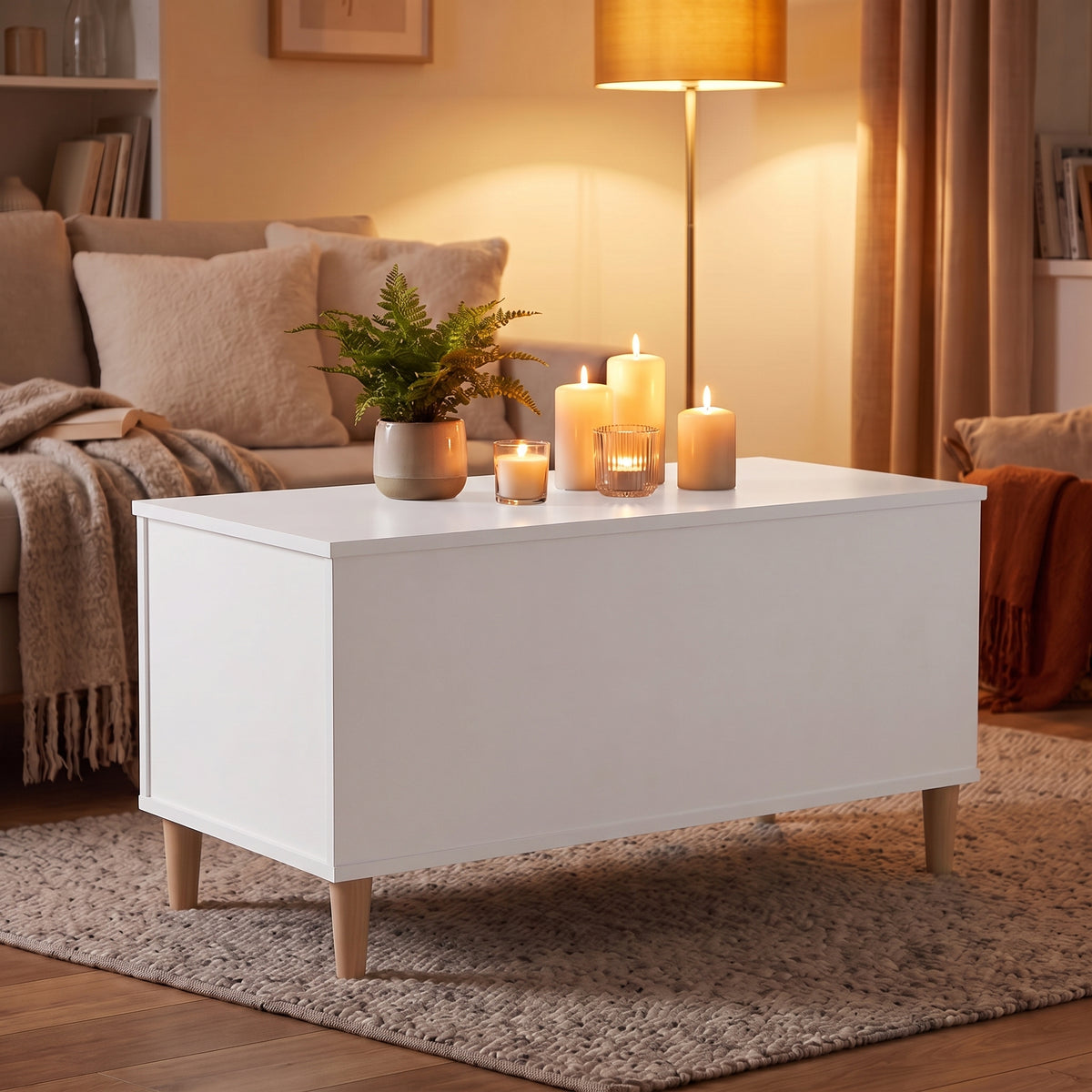 Table basse relevable Sylva blanc, ambiance du soir aux bougies #Dimensions_90 × 44,5 × 45 cm #Couleur_Blanc