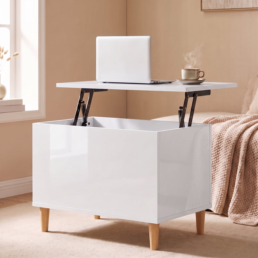 Table basse relevable Sylva blanc brillant, plateau relevé en bureau d’appoint