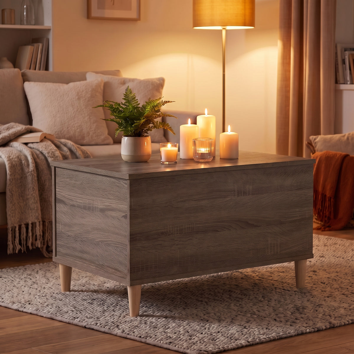 Table basse relevable Sylva chêne fumé, ambiance du soir aux bougies #Dimensions_90 × 44,5 × 45 cm #Couleur_Chêne fumé