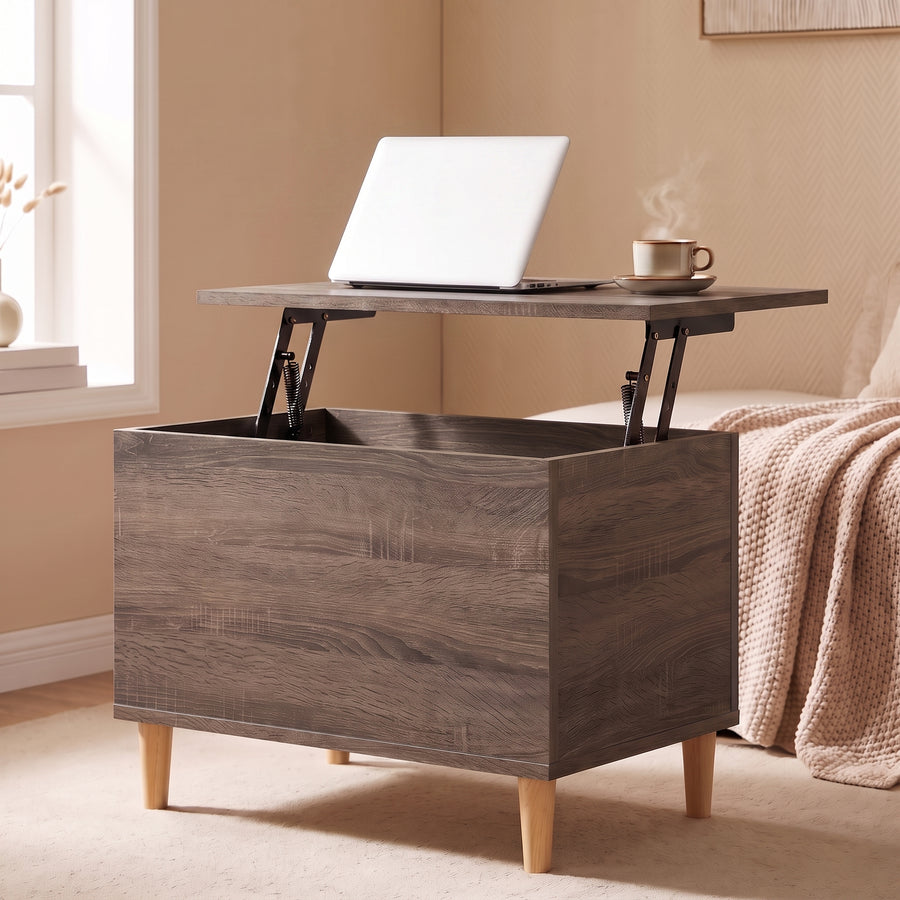 Table basse relevable Sylva chêne fumé, plateau relevé en bureau d’appoint